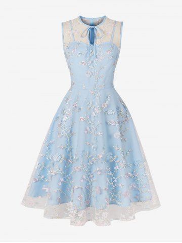 Floral Leaf Embroidery Mesh Patchwork Tied Keyhole Neck Zipper Vintage Dress - BLUE - S