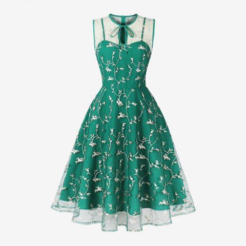 Floral Leaf Embroidery Mesh Patchwork Tied Keyhole Neck Zipper Vintage Dress - GREEN - S