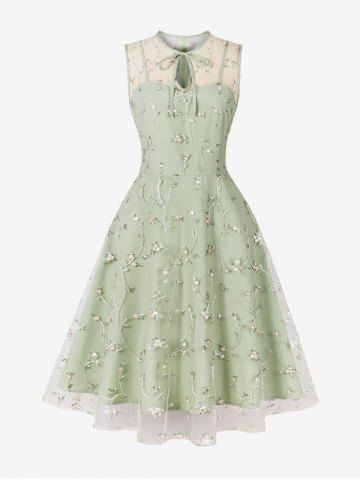 Floral Leaf Embroidery Mesh Patchwork Tied Keyhole Neck Zipper Vintage Dress - LIGHT GREEN - S