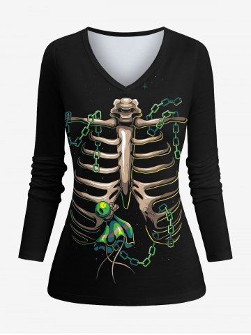 Skull Chain Skeleton Print Halloween Long Sleeves T-shirt - BLACK - XS