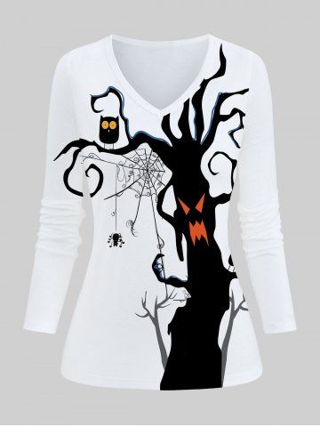 T-shirt D'Halloween Arbre Hibou et Toile D'Araignée Imprimés à Manches Longues - WHITE - XS