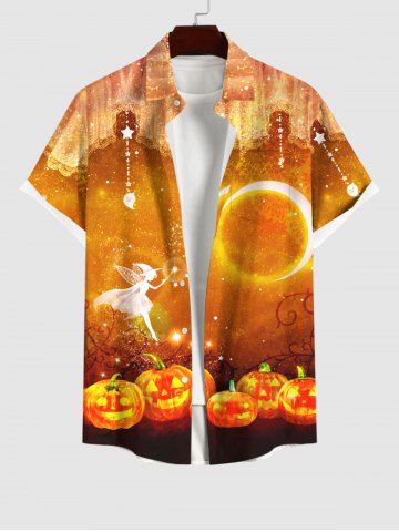 Plus Size Halloween Pumpkin Moon Star Tassel Wizard Galaxy Glitter 3D Print Buttons Pocket Shirt For Men - ORANGE - S