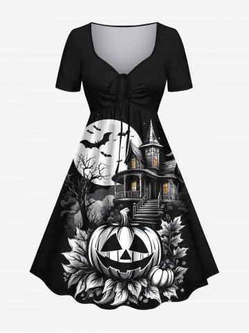 Plus Size Halloween Costume Pumpkin Leaf Tree Bat Moon Castle Print Cinched Dress - BLACK - L