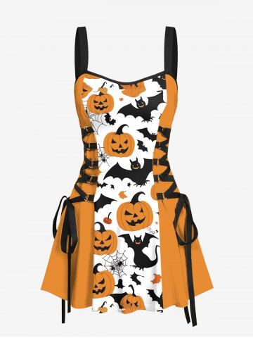 Pumpkin Bat Spider Web Print Halloween Costume Lace Up A Line Tank Dress - DARK ORANGE - S