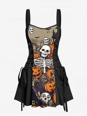 Skulls Skeleton Pumpkin Bat Wizard Hat Print Halloween Costume Lace Up A Line Tank Dress - BLACK - XS