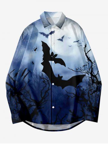 Chemise D'Halloween Boutonnée Lune Arbre et Galaxie Imprimés de Grande Taille avec Bouton - BLUE - 8XL