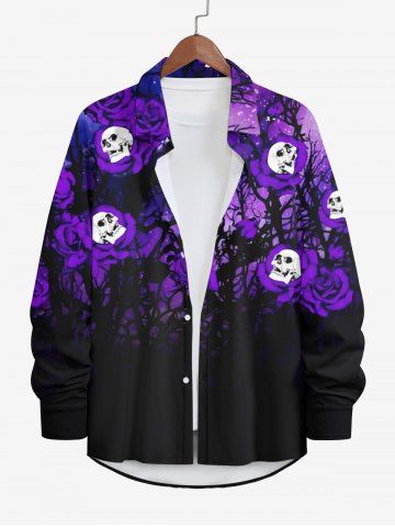 Plus Size Skull Rose Flower Tree Branch Galaxy Print Halloween Button Shirt For Men - PURPLE - 7XL