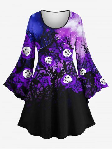 Plus Size Flare Sleeves Skull Rose Flower Tree Branch Galaxy Print Halloween Costume A Line Dress - MULTI-A - 3X