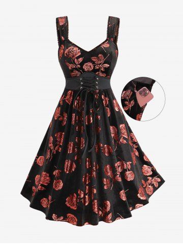 Plus Size Glitter Rose Flower Gilding Lace Up Pocket A Line Velvet Tank Dress - BLACK - L | US 12