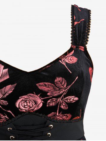 Plus Size Glitter Rose Flower Gilding Lace Up Pocket A Line Velvet Tank Cottagecore Dress