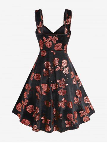 Plus Size Glitter Rose Flower Gilding Lace Up Pocket A Line Velvet Tank Cottagecore Dress