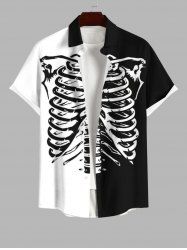 Plus Size Halloween Two Tone Skeleton Print Buttons Pocket Shirt For Men -  