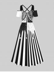 Maxi Robe D'Halloween Bicolore Rayée Squelette Imprimée à Epaule Dénudée Grande Taille - Noir 5X