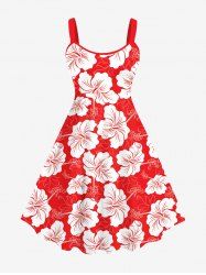 Plus Size Tropical Leaf Hibiscus Flowers Print Hawaii Tank Dress -  