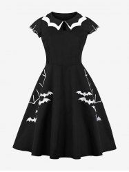 Plus Size Halloween Costume Spider Web Bat Print Turn Down Collar Vintage Dress -  