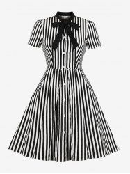 Plus Size Two Tone Stripes Print Button Down Tie Bowknot Vintage Dress -  