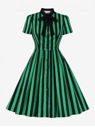 Plus Size Two Tone Stripes Print Button Down Tie Bowknot Vintage Dress -  