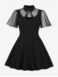Plus Size Sheer Mesh Patchwork Zipper Keyhole Neck Vintage Dress -  