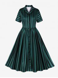 Button Down Stripes Shirt Collar Vintage Dress -  
