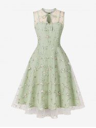 Floral Leaf Embroidery Mesh Patchwork Tied Keyhole Neck Zipper Vintage Dress -  