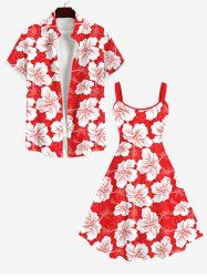 Tropical Leaf Hibiscus Flowers Print Plus Size Matching Hawaii Beach Outfit For Couples -  