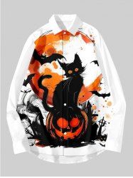 Plus Size Cat Pumpkin Bat Cross Ink Painting Splatter Print Halloween Button Shirt For Men -  