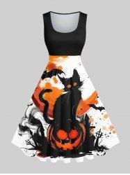 Plus Size Cat Pumpkin Bat Cross Ink Painting Splatter Print Halloween Costume Vintage Swing A Line Dress -  