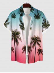 Plus Size Coconut Tree Print Hawaii Ombre Button Pocket Shirt For Men -  