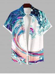 Plus Size Colorful Sea Waves Painting Splatter Print Hawaii Button Pocket Shirt For Men -  