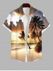 Plus Size Glitter Coconut Tree Sea Beach Dusk Print Hawaii Button Pocket Shirt For Men -  