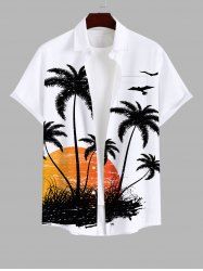 Plus Size Coconut Tree Sunset Bird Print Buttons Pocket Hawaii Shirt For Men -  