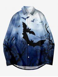 Chemise D'Halloween Boutonnée Lune Arbre et Galaxie Imprimés de Grande Taille avec Bouton - Bleu L