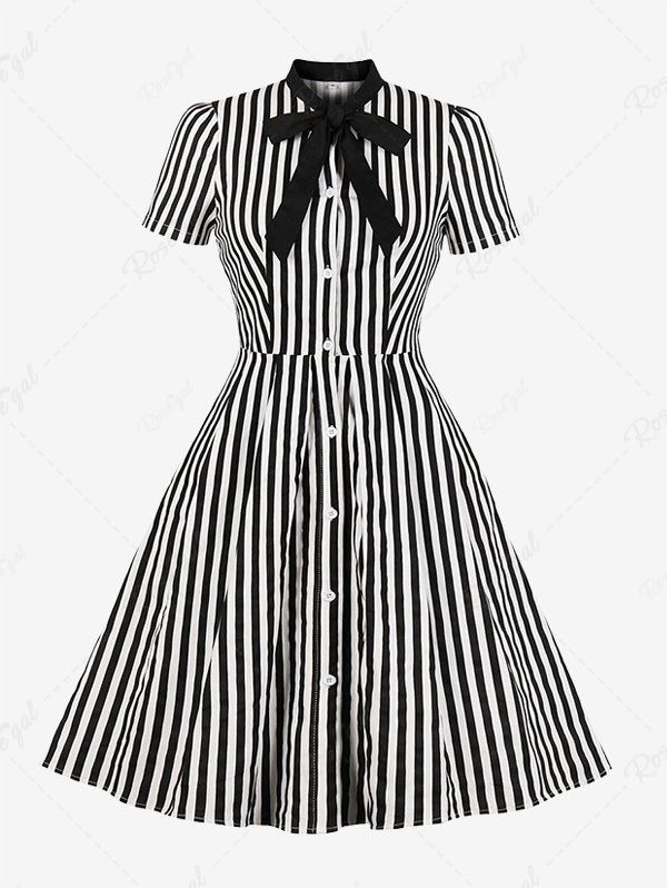 Outfits Plus Size Two Tone Stripes Print Button Down Tie Bowknot Vintage Dress  