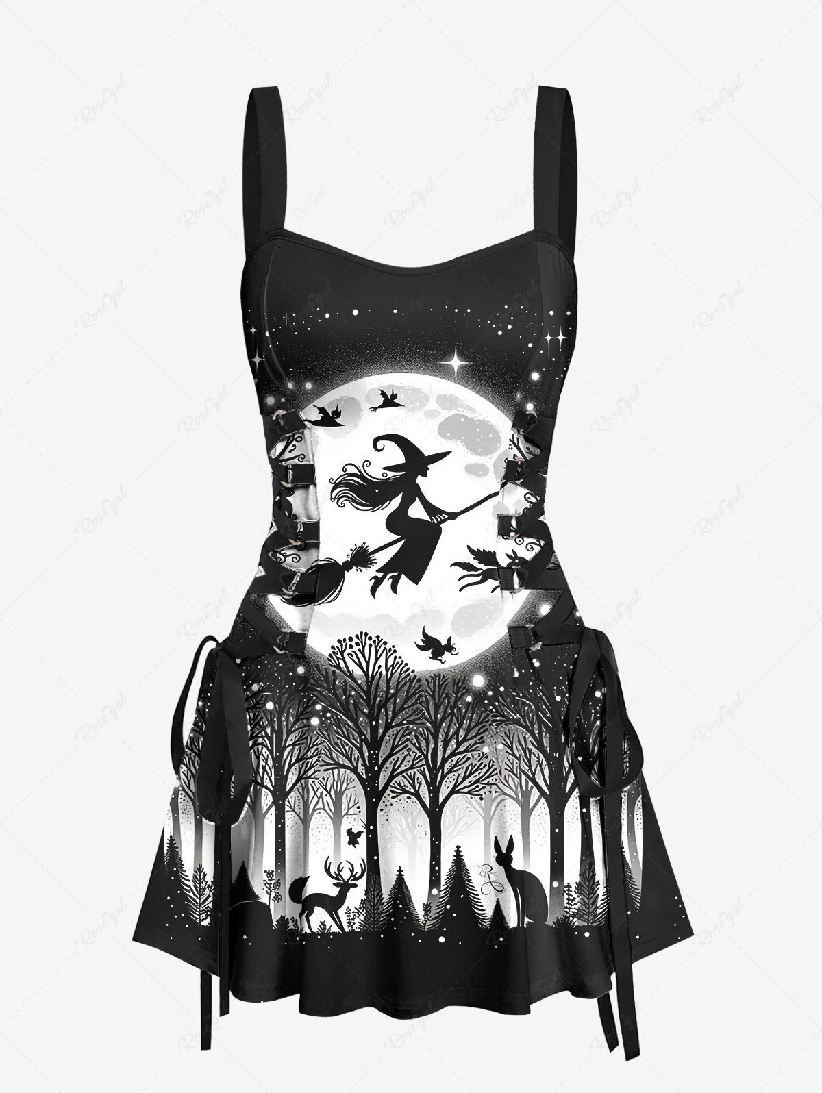 Affordable Halloween Costume Wizard Moon Star Deer Forest Print Lace Up Tank Dress  