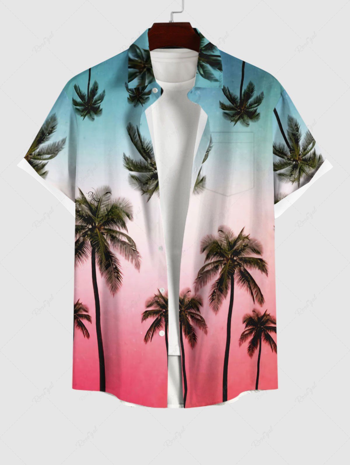 Fancy Plus Size Coconut Tree Print Hawaii Ombre Button Pocket Shirt For Men  