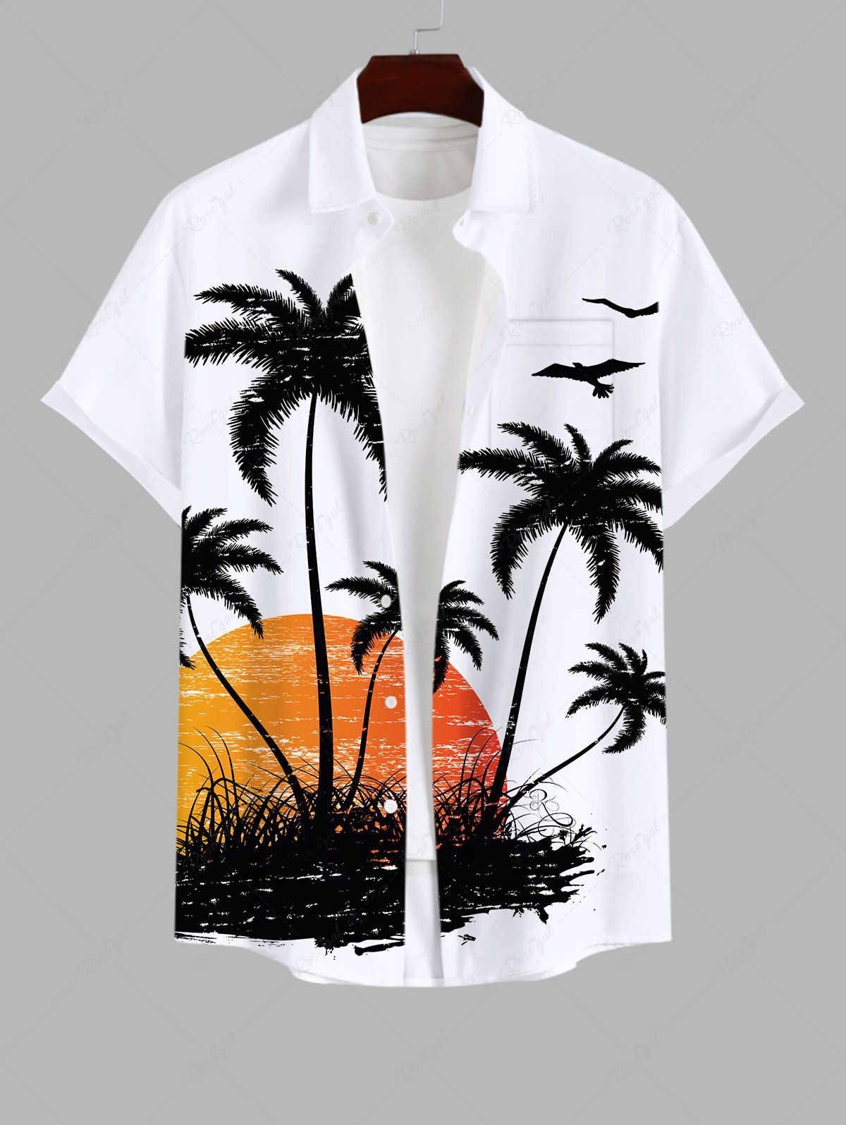 Outfits Plus Size Coconut Tree Sunset Bird Print Buttons Pocket Hawaii Shirt For Men  