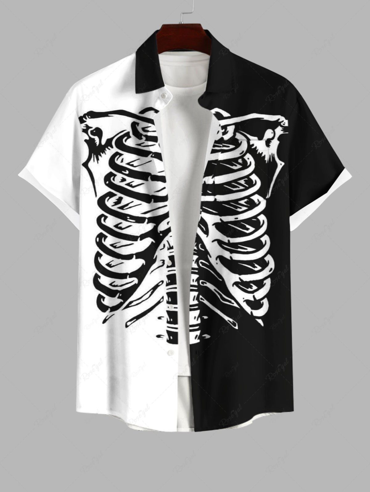 Store Plus Size Halloween Two Tone Skeleton Print Buttons Pocket Shirt For Men  