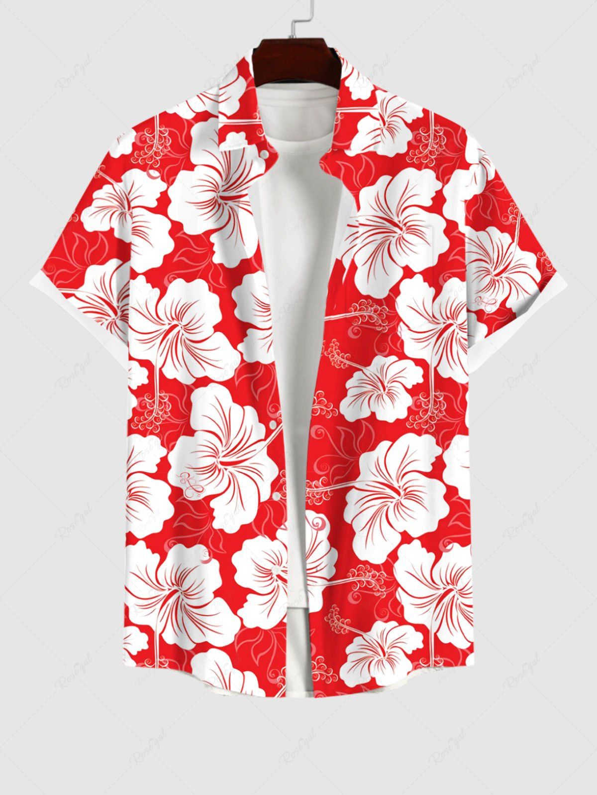 Discount Plus Size Tropical Leaf Hibiscus Flowers Print Buttons Pocket Hawaii Shirt For Men  