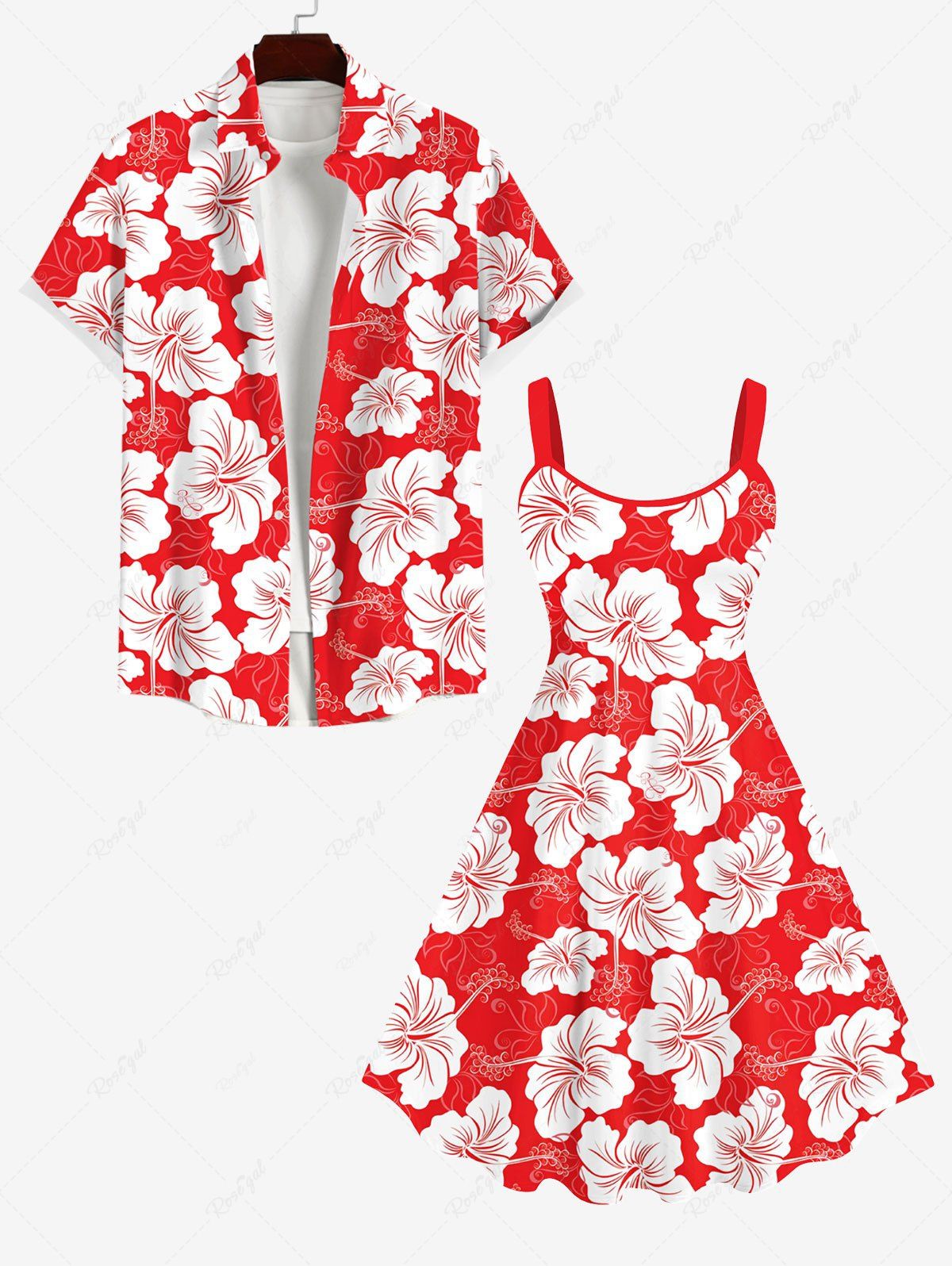 Affordable Tropical Leaf Hibiscus Flowers Print Plus Size Matching Hawaii Beach Outfit For Couples  