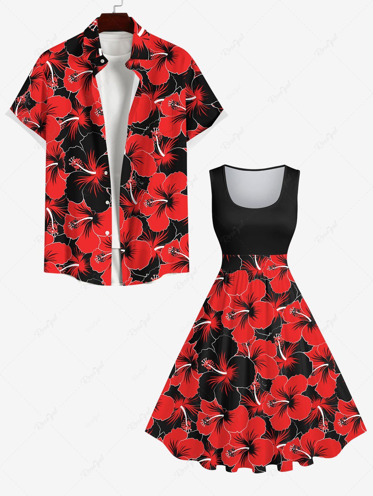 Latest Hibiscus Flowers Print Plus Size Matching Hawaii Beach Outfit For Couples  