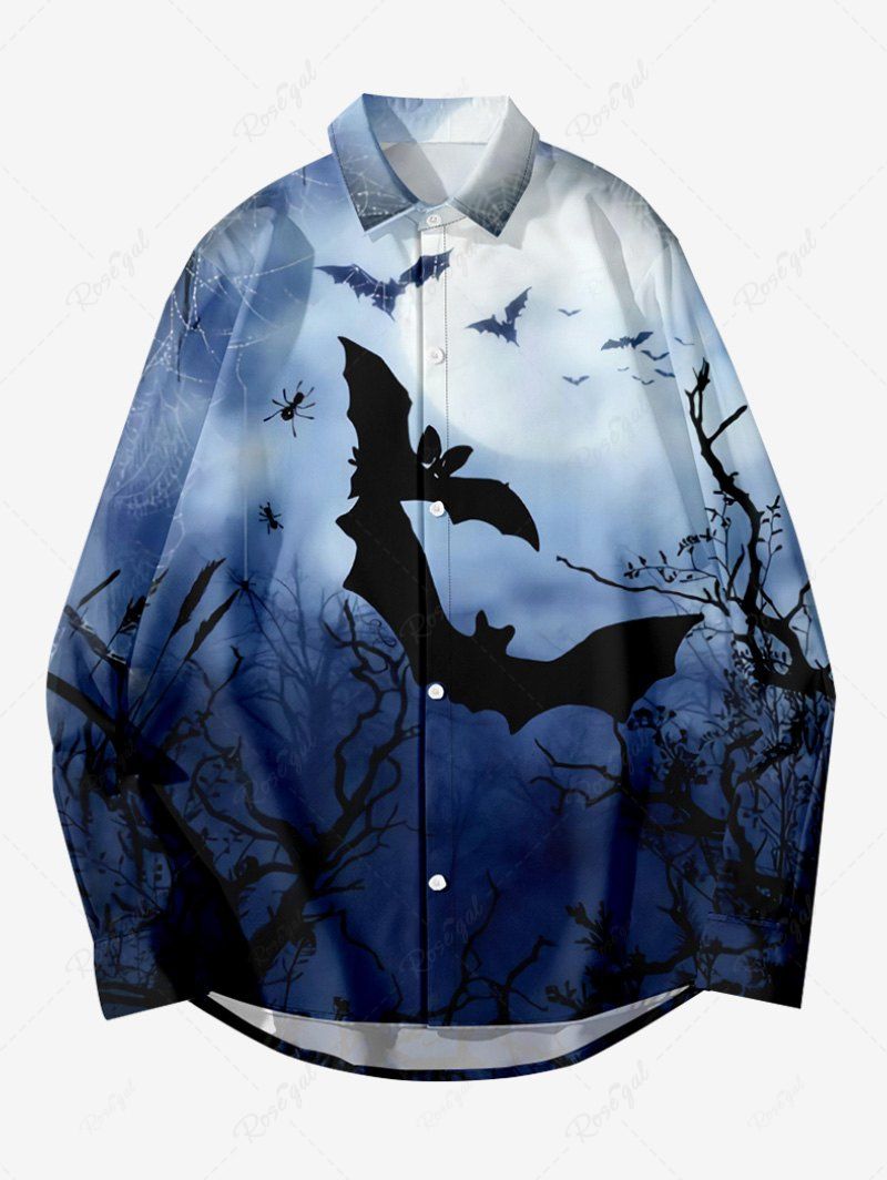 Chemise D'Halloween Boutonnée Lune Arbre et Galaxie Imprimés de Grande Taille avec Bouton Bleu 2XL