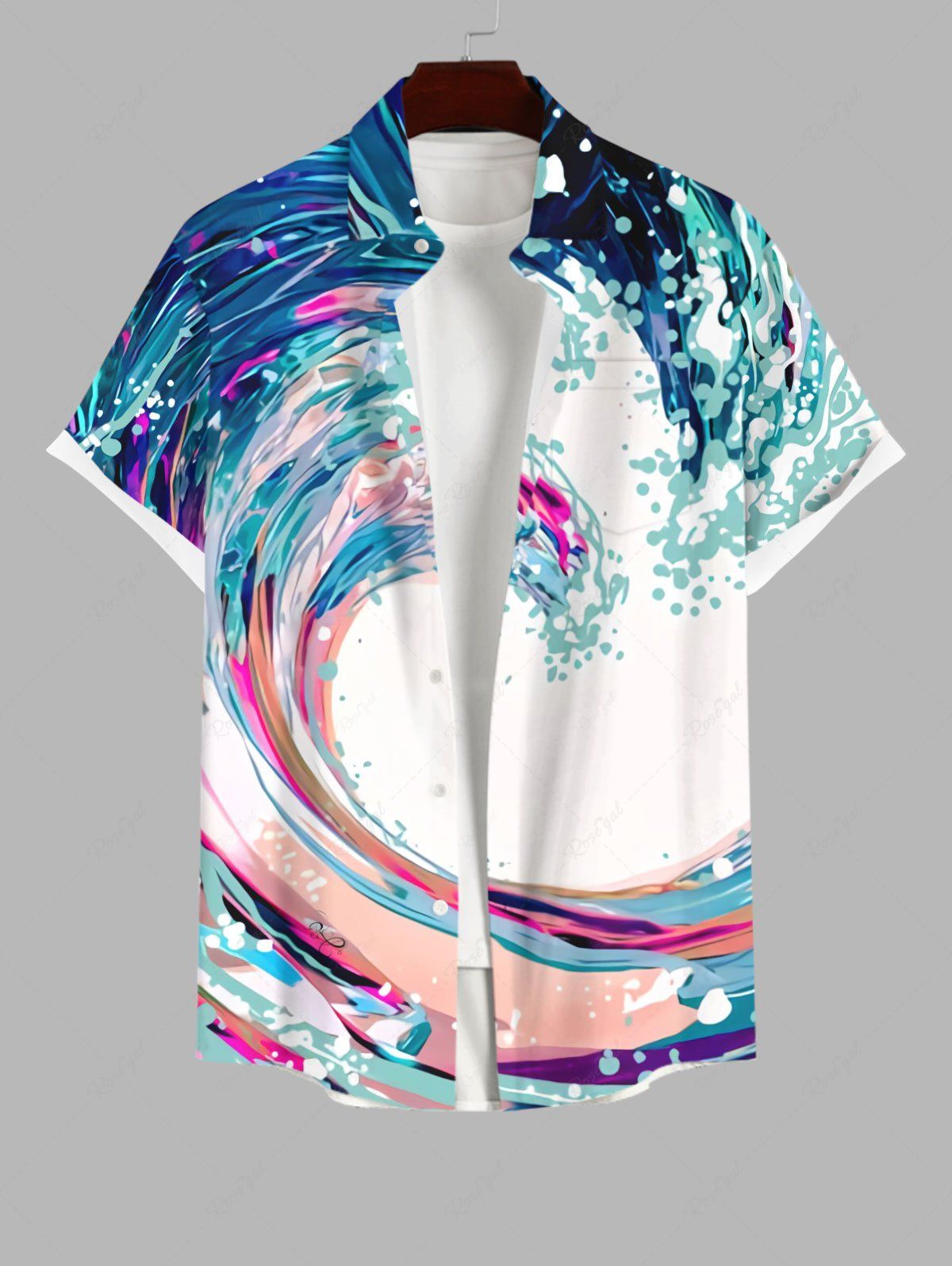 Outfits Plus Size Colorful Sea Waves Painting Splatter Print Hawaii Button Pocket Shirt For Men  