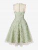 Floral Leaf Embroidery Mesh Patchwork Tied Keyhole Neck Zipper Vintage Dress -  