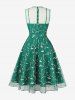 Floral Leaf Embroidery Mesh Patchwork Tied Keyhole Neck Zipper Vintage Dress -  