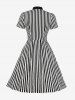 Plus Size Two Tone Stripes Print Button Down Tie Bowknot Vintage Dress -  