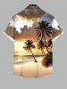 Plus Size Glitter Coconut Tree Sea Beach Dusk Print Hawaii Button Pocket Shirt For Men -  