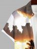 Plus Size Glitter Coconut Tree Sea Beach Dusk Print Hawaii Button Pocket Shirt For Men -  