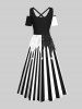Maxi Robe D'Halloween Bicolore Rayée Squelette Imprimée à Epaule Dénudée Grande Taille - Noir 5X