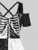 Maxi Robe D'Halloween Bicolore Rayée Squelette Imprimée à Epaule Dénudée Grande Taille - Noir 5X