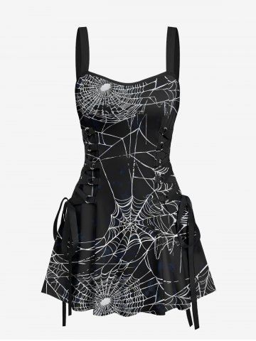 Halloween Costume Spider Web Print Lace Up Tank Dress - BLACK - XS